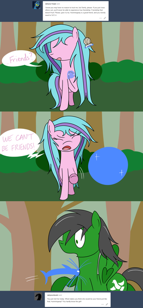 Size: 1280x2748 | Tagged: artist:hummingway, ask-humming-way, derpibooru import, dialogue, forest, oc, oc:feather hummingway, oc:swirly shells, safe, tumblr, tumblr comic, unofficial characters only