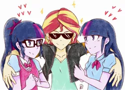 Size: 2274x1642 | Tagged: safe, artist:aka-ryuga, derpibooru import, sci-twi, sunset shimmer, twilight sparkle, equestria girls, clothes, female, heart, jacket, lesbian, scitwishimmer, shipping, smiling, sunglasses, sunset gets all the twilights, sunset twiangle, sunsetsparkle, twolight