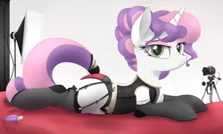 Size: 4425x2668 | Tagged: suggestive, artist:nevobaster, derpibooru import, sweetie belle, pony, absurd resolution, adorasexy, alternate hairstyle, bed, bedroom eyes, camera, camgirl, clothes, corset, cute, eyeshadow, female, frown, garter belt, lidded eyes, lingerie, looking at you, lotion, makeup, mare, missing cutie mark, older, panties, sexy, socks, soft box, solo, solo female, stockings, studio, thigh highs, underwear