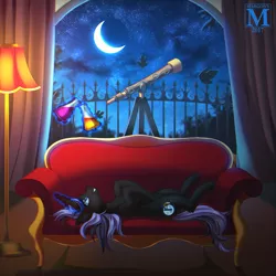 Size: 1399x1400 | Tagged: safe, artist:margony, derpibooru import, oc, oc:midnight, unofficial characters only, pony, unicorn, alchemist, couch, female, flask, lamp, levitation, magic, mare, moon, night, science, solo, stars, telekinesis, telescope