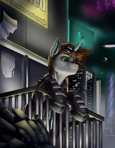 Size: 1583x2048 | Tagged: safe, artist:aphexangel, derpibooru import, oc, oc:order compulsive, unofficial characters only, pony, unicorn, advertisement, advertising, balcony, building, city, commission, cyberpunk, dark, future, futuristic, night, railing, serious, serious face, solo, sunglasses, text