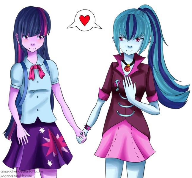 Size: 1087x1010 | Tagged: safe, artist:amuxjoker, derpibooru import, sonata dusk, twilight sparkle, equestria girls, clothes, female, heart, holding hands, lesbian, ponytail, shipping, simple background, skirt, twinata