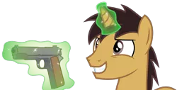 Size: 4344x2212 | Tagged: semi-grimdark, artist:peahead, derpibooru import, oc, oc:data wave, unofficial characters only, pony, unicorn, absurd resolution, green magic, grin, gun, handgun, levitation, m1911, magic, pistol, show accurate, simple background, smiling, solo, telekinesis, transparent background, updated design, vector, weapon