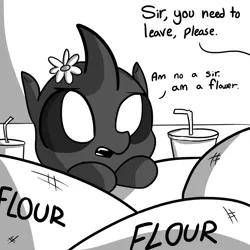 Size: 1280x1280 | Tagged: safe, artist:tjpones, derpibooru import, oc, unofficial characters only, changeling, horse wife, cute, cuteling, dialogue, drink, fangs, flour, flower, frown, leaning, monochrome, offscreen character, open mouth, paper-thin disguise, seems legit, solo, straw