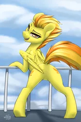 Size: 1280x1920 | Tagged: suggestive, artist:northernsprint, derpibooru import, edit, spitfire, pegasus, pony, explicit source, female, from behind, looking at you, looking back, northernsprints warmup raffles, outdoors, plot, presenting, sfw edit, solo, solo female, stupid sexy spitfire, wings