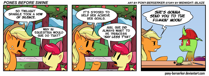 Size: 2250x825 | Tagged: apple bloom, applejack, artist:pony-berserker, changedling, changedling oc, changeling, changeling oc, comic, cowboy hat, derpibooru import, dialogue, hat, oc, oc:berzie, parody, pearls before swine, pun, safe, speech bubble, stetson, sweet apple acres, tree