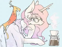 Size: 1500x1140 | Tagged: artist:toki, bathrobe, blue background, clothes, coffee, derpibooru import, duo, eyes closed, frown, glasses, leaning, lidded eyes, messy mane, philomena, pink-mane celestia, princess celestia, robe, safe, simple background, steam, teal background, tired, underhoof, yawn