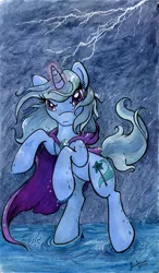 Size: 590x1013 | Tagged: safe, artist:jenkiwi, derpibooru import, trixie, pony, unicorn, female, lightning, mare, rain, rearing, solo, traditional art