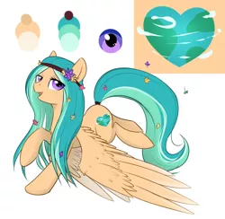 Size: 2476x2415 | Tagged: safe, artist:askbubblelee, derpibooru import, oc, oc:willow breeze, unofficial characters only, pegasus, pony, cutie mark, female, flower, flower in hair, flying, grandmother, heart, lidded eyes, looking at you, mare, open mouth, raised hoof, reference sheet, simple background, smiling, solo, spread wings