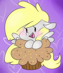 Size: 648x750 | Tagged: safe, artist:terrifyinglagomorpha, derpibooru import, derpy hooves, pegasus, pony, blushing, chibi, cute, female, floppy ears, food, giant muffin, heart, leaning, mare, muffin, open mouth, smiling, solo, that pony sure does love muffins
