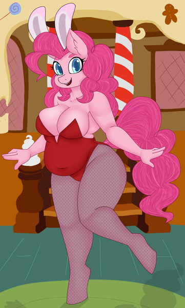 Size: 1051x1745 | Tagged: absolute cleavage, anthro, artist:stubbornstallion, breasts, bunny ears, bunny suit, busty pinkie pie, chubby, cleavage, clothes, derpibooru import, female, fishnets, indoors, leotard, looking at you, missing shoes, open mouth, pantyhose, pinkie pie, playboy bunny, solo, solo female, sugarcube corner, suggestive, unguligrade anthro