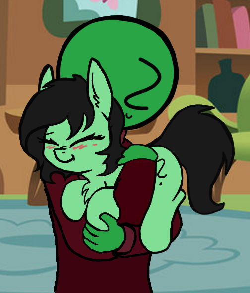 Size: 504x590 | Tagged: safe, artist:duop-qoub, derpibooru import, edit, oc, oc:anon, oc:anonfilly, unofficial characters only, earth pony, human, pony, adoranon, blushing, bookshelf, chest fluff, cute, female, filly, holding a pony, hug