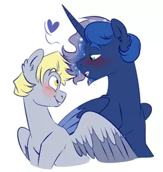 Size: 955x1013 | Tagged: artemabetes, artist:soft-arthropod, blushing, cute, derpabetes, derpibooru import, derpy hooves, derpyluna daily, dopemis, dopey hooves, gay, heart, lunaderp, male, prince artemis, princess luna, rule 63, rule63betes, safe, shipping, simple background