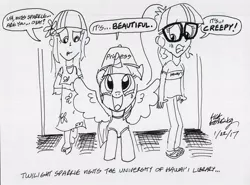 Size: 897x663 | Tagged: safe, artist:newportmuse, derpibooru import, sci-twi, twilight sparkle, equestria girls, book, clothes, dialogue, hat, hawaii, human ponidox, library, monochrome, multeity, sandals, self ponidox, shirt, signature, speech bubble, spread wings, story included, that pony sure does love books, tourist, traditional art, twolight, wip