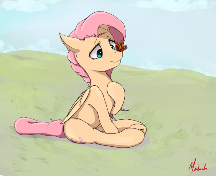 Size: 1100x900 | Tagged: safe, artist:miokomata, derpibooru import, fluttershy, butterfly, pegasus, pony, cross-eyed, cute, female, folded wings, grass field, hoof on chest, insect on nose, looking at something, mare, scenery, shyabetes, signature, sitting, solo, underhoof