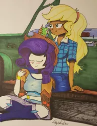 Size: 2833x3677 | Tagged: safe, artist:missmayaleanne, derpibooru import, applejack, rarity, equestria girls, accessory swap, apple, boots, clothes, cowboy boots, eating, female, food, high heel boots, jewelry, lesbian, rarijack, shipping, tanned, truck