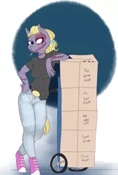 Size: 1985x2935 | Tagged: alcohol, anthro, artist:helloiamyourfriend, boxes, clothes, converse, derpibooru import, liquor, oc, oc:edgy cut, safe, scar, shirt, shoes, simple background, smoking, solo, t-shirt, unofficial characters only