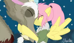 Size: 1920x1118 | Tagged: safe, artist:showtimeandcoal, derpibooru import, discord, fluttershy, draconequus, dragon, pegasus, pony, chihiro ogino, cute, digital art, discute, haku, parody, shyabetes, spirited away, studio ghibli