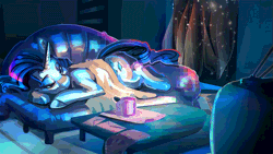 Size: 765x430 | Tagged: animated, artist:alumx, artist:equum_amici, beverage, blanket, cinemagraph, couch, cup, derpibooru import, envelope, gif, living room, night, night sky, prone, rarity, safe, solo, stars, television, watching