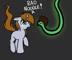 Size: 1280x1072 | Tagged: safe, artist:neuro, derpibooru import, oc, oc:littlepip, unofficial characters only, pony, snake, unicorn, fallout equestria, fanfic, afro, clothes, comic, danger noodle, fanfic art, female, filly, glow, gray background, hooves, horn, mutation, open mouth, pun, rad, radiated, radiation, raised hoof, simple background, snake tail, sunglasses, surprised, tongue out, wide eyes, wig