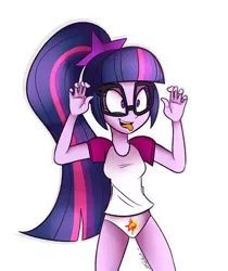 Size: 900x1072 | Tagged: suggestive, artist:wubcakeva, derpibooru import, sci-twi, twilight sparkle, equestria girls, adorkable, breasts, clothes, cute, cutie mark underwear, dork, female, glasses, implied lesbian, implied scitwishimmer, implied shipping, implied sunsetsparkle, jumpscare, panties, ponytail, silly face, silly human, simple background, solo, solo female, tongue out, twiabetes, underwear, underwear swap, white background
