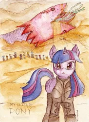 Size: 464x635 | Tagged: safe, artist:daisymane, derpibooru import, twilight sparkle, twilight sparkle (alicorn), alicorn, pony, sandworm, shai-hulud, tatzlwurm, crossover, desert, dune, fremen, looking at you, parody, stillsuit, traditional art, watercolor painting