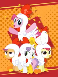Size: 900x1200 | Tagged: adorabloom, animal costume, apple bloom, artist:dm29, chicken, chicken suit, chinese new year, clothes, confetti, costume, cute, cutealoo, cutie mark crusaders, derpibooru import, diapinkes, diasweetes, elizabeak, food, gold ingot, grumpy, julian yeo is trying to murder us, orange, pinkie pie, safe, scootachicken, scootaloo, sweetie belle, unamused, year of the rooster