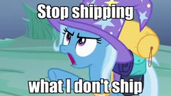 Size: 1280x720 | Tagged: safe, derpibooru import, edit, edited screencap, screencap, trixie, pony, unicorn, to where and back again, angry, clothes, cute, female, hat, image macro, mare, meme, pointing, reaction image, solo, trixie yells at everything, trixie's hat