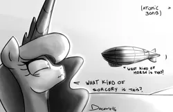 Size: 1550x1000 | Tagged: safe, artist:d0cente, derpibooru import, princess luna, alicorn, pony, airship, blimp, dialogue, explosion, female, frown, grayscale, mare, monochrome, on the moon for too long, open mouth, scared, solo, sweat, sweatdrop, this will end in death, this will end in tears, this will end in tears and/or death, wavy mouth, wide eyes