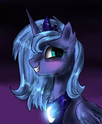 Size: 791x957 | Tagged: safe, artist:not-ordinary-pony, derpibooru import, princess luna, alicorn, pony, blushing, bust, cheek fluff, chest fluff, crown, cute, ear fluff, female, glow, grin, horn, jewelry, looking back, lunabetes, mare, portrait, profile, regalia, s1 luna, simple background, smiling, solo, tiara