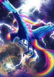 Size: 3600x5175 | Tagged: safe, artist:turnipberry, deleted from derpibooru, derpibooru import, rainbow dash, pegasus, pony, absurd resolution, awesome, cheek feathers, color porn, colored wings, colored wingtips, detailed, epic, ethereal mane, feathered fetlocks, female, flying, large wings, lightning, mare, neck feathers, rain, rainbow power, rainbow trail, realistic anatomy, realistic horse legs, scenery, scenery porn, solo, spread wings, storm, technical advanced, too big for derpibooru, water droplet, winged hooves, wings