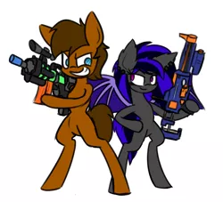 Size: 1489x1354 | Tagged: safe, artist:nekro-led, derpibooru import, oc, oc:background, oc:moonshadow, unofficial characters only, bat pony, pony, image, nerf, png, super soaker, watergun