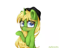 Size: 1024x838 | Tagged: safe, artist:mitralexa, derpibooru import, oc, unofficial characters only, pony, unicorn, blushing, female, glasses, hat, looking at you, mare, raised hoof, simple background, solo, white background