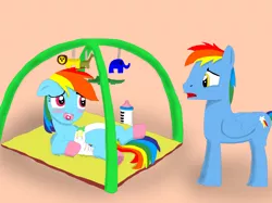 Size: 6667x5000 | Tagged: absurd resolution, adult foal, artist:diaperdude, baby bottle, blushing, booties, caught, derpibooru import, diaper, diaper fetish, jungle gym, pacifier, rainbow blaze, rainbow dash, suggestive