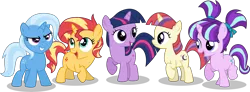 Size: 10000x3667 | Tagged: safe, artist:limedazzle, derpibooru import, moondancer, starlight glimmer, sunset shimmer, trixie, twilight sparkle, pony, unicorn, absurd resolution, counterparts, cute, dancerbetes, diatrixes, filly, filly moondancer, filly starlight glimmer, filly sunset shimmer, filly trixie, filly twilight sparkle, glimmerbetes, hnnng, magical quartet, magical quintet, magical trio, open mouth, shimmerbetes, simple background, smiling, transparent background, twiabetes, twilight's counterparts, vector, younger