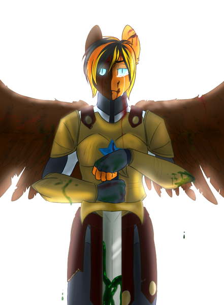 Size: 745x1013 | Tagged: anthro, anthro oc, armor, artist:blackblood-queen, blood, crying, derpibooru import, dracony, hybrid, injured, looking at you, multicolored hair, oc, oc:daniel dasher, pegasus, royal guard, semi-grimdark, slit eyes, solo, spread wings, standing, sword, unofficial characters only, weapon