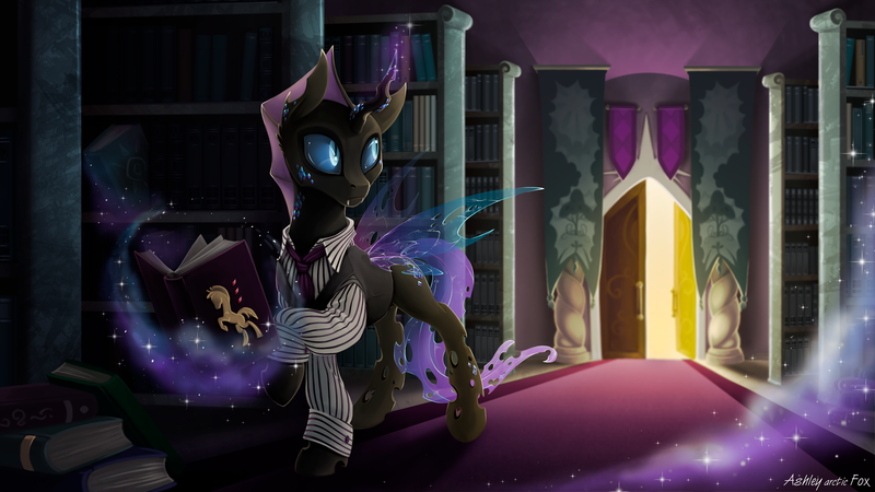 Size: 1731x974 | Tagged: artist:arctic-fox, book, bookshelf, changeling, changeling magic, changeling oc, clothes, commission, crystal, derpibooru import, door, library, magic, male, oc, oc:phobos, purple changeling, safe, solo, unofficial characters only