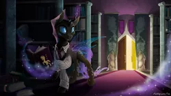 Size: 1731x974 | Tagged: artist:arctic-fox, book, bookshelf, changeling, changeling magic, changeling oc, clothes, commission, crystal, derpibooru import, door, library, magic, male, oc, oc:phobos, purple changeling, safe, solo, unofficial characters only