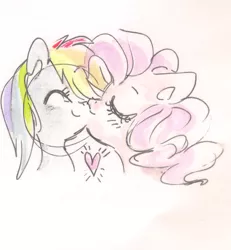 Size: 5312x5760 | Tagged: safe, artist:pinkablue, derpibooru import, pinkie pie, rainbow dash, absurd resolution, female, heart, kissing, lesbian, pinkiedash, shipping, sketch, traditional art