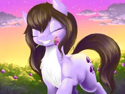 Size: 1024x768 | Tagged: safe, artist:faline-art, derpibooru import, oc, unofficial characters only, pony, chest fluff, eyes closed, female, flower, grin, mare, smiling, solo, sunset