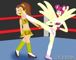 Size: 2408x1924 | Tagged: safe, artist:cyber-murph, derpibooru import, majorette, sweeten sour, equestria girls, friendship games, belly button, clothes, commission, crossover, exeron fighters, exeron gloves, fight, fighting stance, kicking, luan loud, midriff, ponied up, quality, shoes, skirt, skirt lift, socks, sports bra, sweeten kick, the loud house