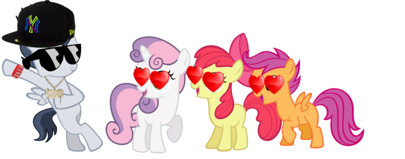 Size: 1876x739 | Tagged: safe, derpibooru import, apple bloom, rumble, scootaloo, sweetie belle, pony, bipedal, bipedal leaning, cute, cutie mark crusaders, hat, heart eyes, leaning, male, new york yankees, rumbelle, rumble gets all the fillies, rumbloo, rumbloom, shipping, simple background, straight, sunglasses, swag, transparent background, wingding eyes