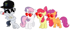 Size: 1876x739 | Tagged: safe, derpibooru import, apple bloom, rumble, scootaloo, sweetie belle, pony, bipedal, bipedal leaning, cute, cutie mark crusaders, hat, heart eyes, leaning, male, new york yankees, rumbelle, rumble gets all the fillies, rumbloo, rumbloom, shipping, simple background, straight, sunglasses, swag, transparent background, wingding eyes