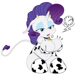 Size: 5063x5000 | Tagged: absurd resolution, anthro, artist:kooner-cz, artist:purple-yoshi-draws, bell, belly button, big breasts, bikini, blushing, breasts, busty rarity, chubby, cleavage, clock, clothes, cow, cowbell, cowkini, cowprint, cow suit, derpibooru import, female, huff, midriff, plump, raricow, rarity, solo, solo female, species swap, string bikini, suggestive, sweat, swimsuit, thunder thighs, torn clothes, wide hips