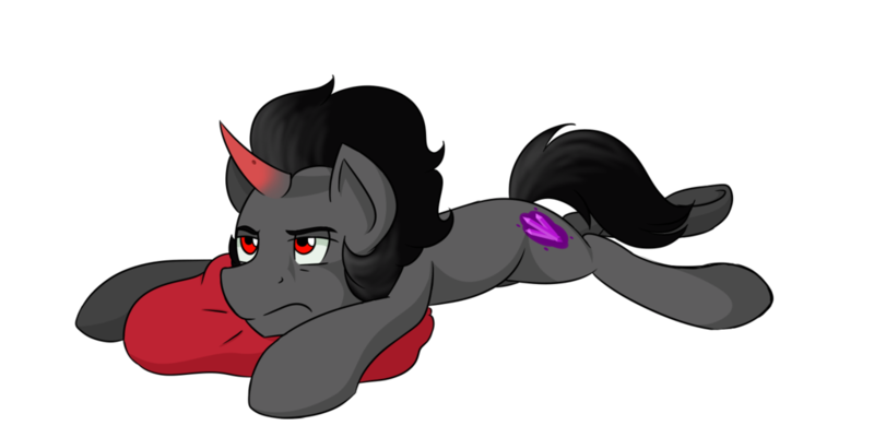 Size: 1024x512 | Tagged: safe, artist:yogfan, derpibooru import, king sombra, pony, colored horn, curved horn, cutie mark, horn, image, male, missing accessory, pillow, png, prone, simple background, solo, sombra horn, sombra's cutie mark, transparent background