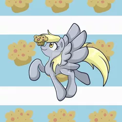 Size: 1024x1024 | Tagged: safe, artist:yoshimarsart, derpibooru import, derpy hooves, pegasus, pony, abstract background, balancing, cute, derpabetes, eyes on the prize, female, food, looking up, mare, muffin, ponies balancing stuff on their nose, raised hoof, raised leg, solo, spread wings, watermark, wings