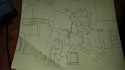 Size: 5312x2988 | Tagged: absurd resolution, apple bloom, changeling, colorless, derpibooru import, fallout equestria, fimfiction, fimfiction.net link, oc, oc:nightshade, oc:the lone changeling, safe, scorpion changeling, traditional art, vault suit