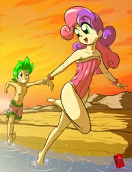 Size: 2021x2622 | Tagged: safe, artist:ryured, derpibooru import, spike, sweetie belle, human, armpits, barefoot, beach, clothes, commission, feet, happy, human spike, humanized, legs, male, male feet, ocean, open mouth, raised leg, sand, shipping, shorts, spikebelle, straight, swimsuit