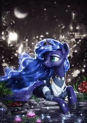 Size: 850x1200 | Tagged: safe, artist:assasinmonkey, artist:plazyma, derpibooru import, edit, princess luna, alicorn, pony, canterlot, clothes, colored, crescent moon, dress, female, jewelry, mare, moon, necklace, night, pond, solo, stars, water