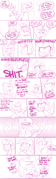 Size: 1236x3910 | Tagged: questionable, artist:shoutingisfun, derpibooru import, edit, princess cadance, princess flurry heart, alicorn, pony, angry, blushing, comic, cropped, crying, dialogue, eyes closed, female, hitting, image, laughing, lidded eyes, looking at each other, mare, monochrome, older, older flurry heart, open mouth, png, pointing, princess emo heart, raised hoof, refrigerator, shrunken pupils, sitting, slap, spread wings, sweat, sweatdrop, teenage flurry heart, teenager, unamused, vulgar